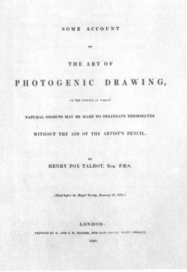 Naslovna strana talbotove privatno štampane brosure, u kojoj je bila prva posebna publikacija o fotografiji u svetu