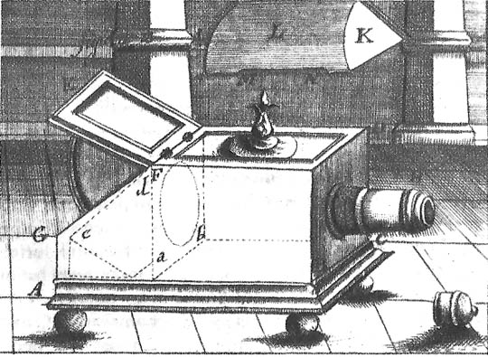 Johann zahn, prenosna camera obscura refleksnog tipa, 1685.