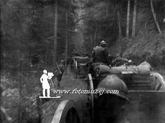 Na maršu kroz šumu poljska baterija diviziona konjičke artiljerije po izvršenom proboju Solunskog Fronta 1918. godine (autor Dimitrije  Pavlović)